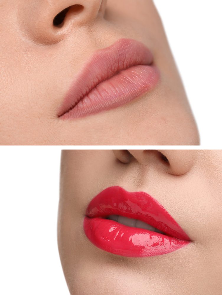 Permanent,Makeup.,Collage,With,Photos,Of,Woman,Before,And,After