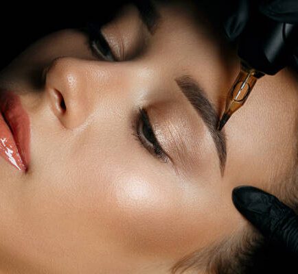 Top view of a beautician hand doing eyebrow permanent makeup on woman face